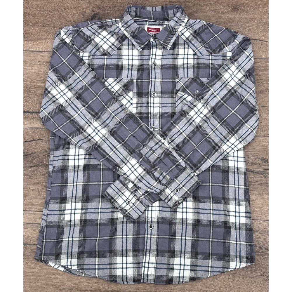 Wrangler Plaid Button Down‎ Shirt Mens Size Large Gray White Long Sleeve Western